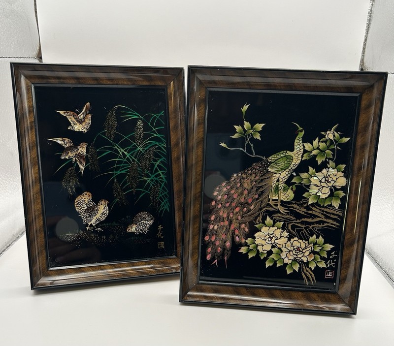 Vintage Signed Reverse Painted Glass Framed Art Peacock & Birds (2)