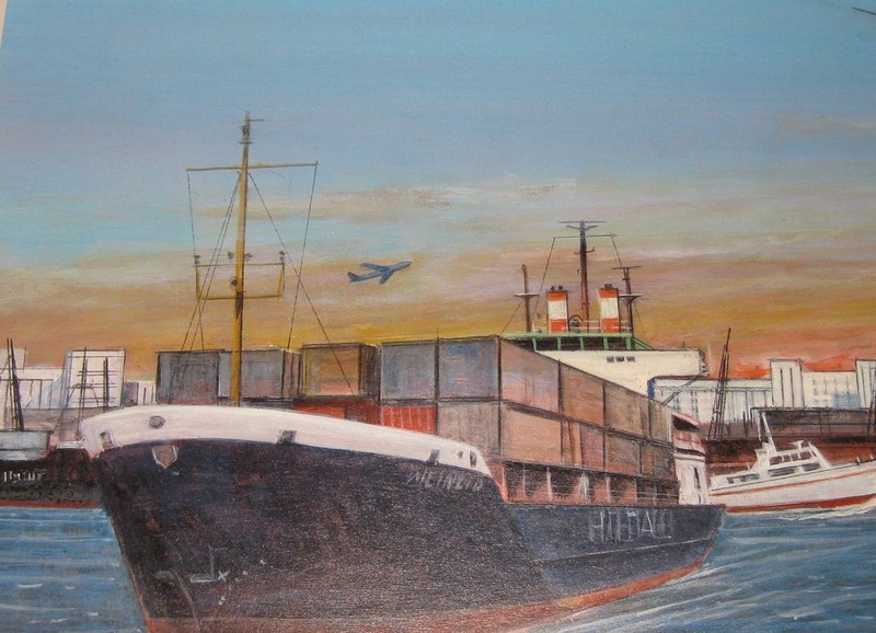 GEORGE BOWMAN USAF HELICOPTER OVER CARGO BOATS PAINTING gallery
