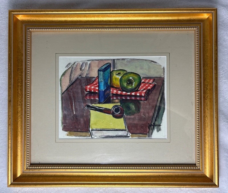 JUSTIN FAIVRE Abstract Still Life Watercolor Painting Framed MCM 1957
