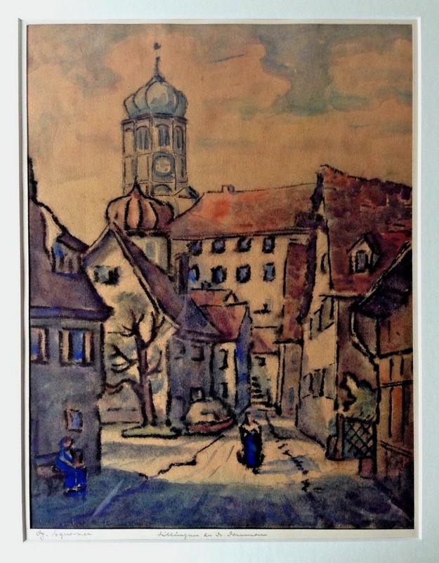 Karl Huber (1928-2009): original watercolored coal drawing: Dillingen on the Danube