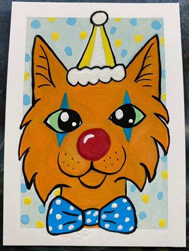 ACEO Original Cat Kitty Kitten Clown Harlequin Miniature Painting OneCraftyLady
