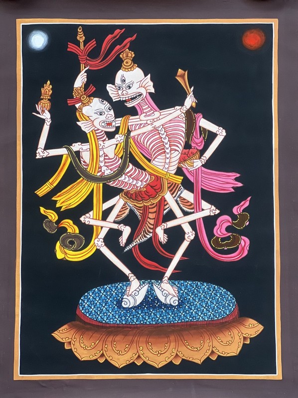 CITIPATI DANCING SKELETONS HAND-PAINTED TIBETAN THANGKA ART WITH SILK BROCADE gallery