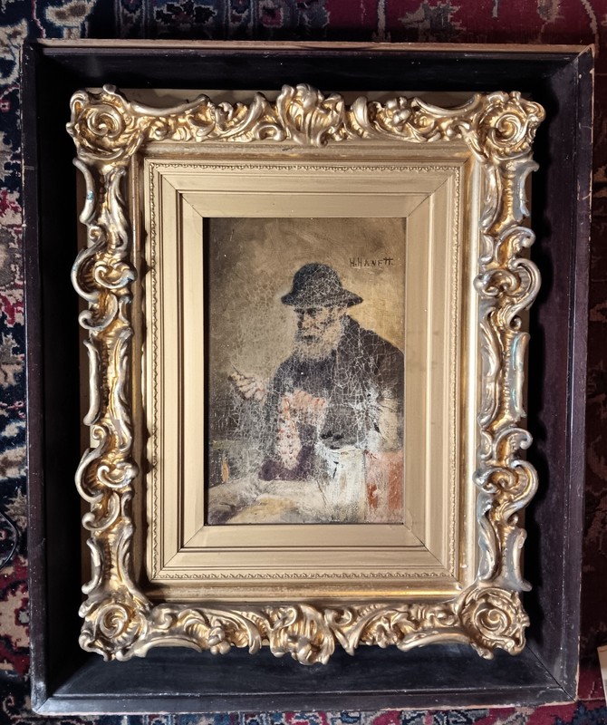 H Hanftt c1860 Seated Old Sea Salt Mariner With Knife 19×23 Signed Oil Painting