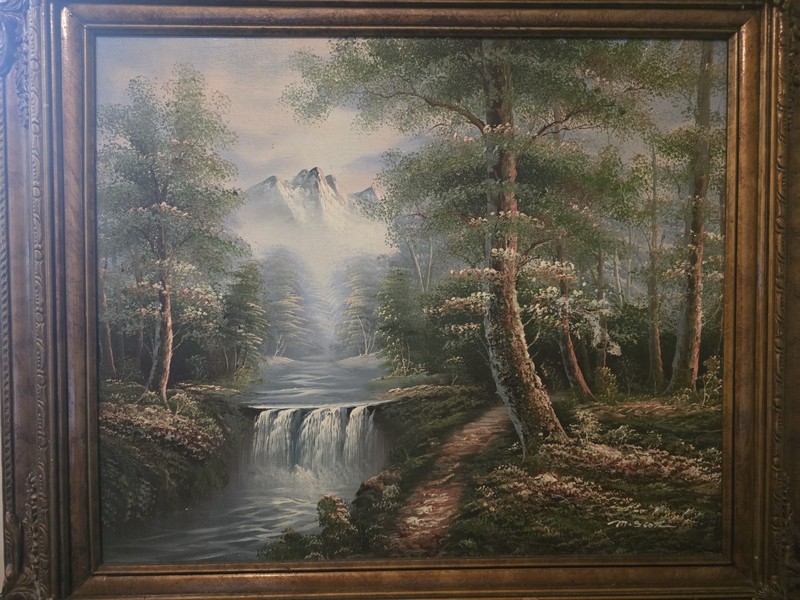 M SCOTT ORIGINAL OIL ON CANVAS SNOW MOUNTAIN RIVER FALLS LANDSCAPE TREE PAINTING gallery
