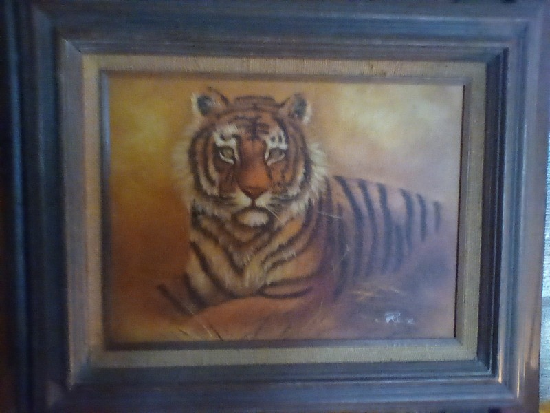 Vintage Painting Eyes Of A Tiger By Rex Oil On Canvas Framed