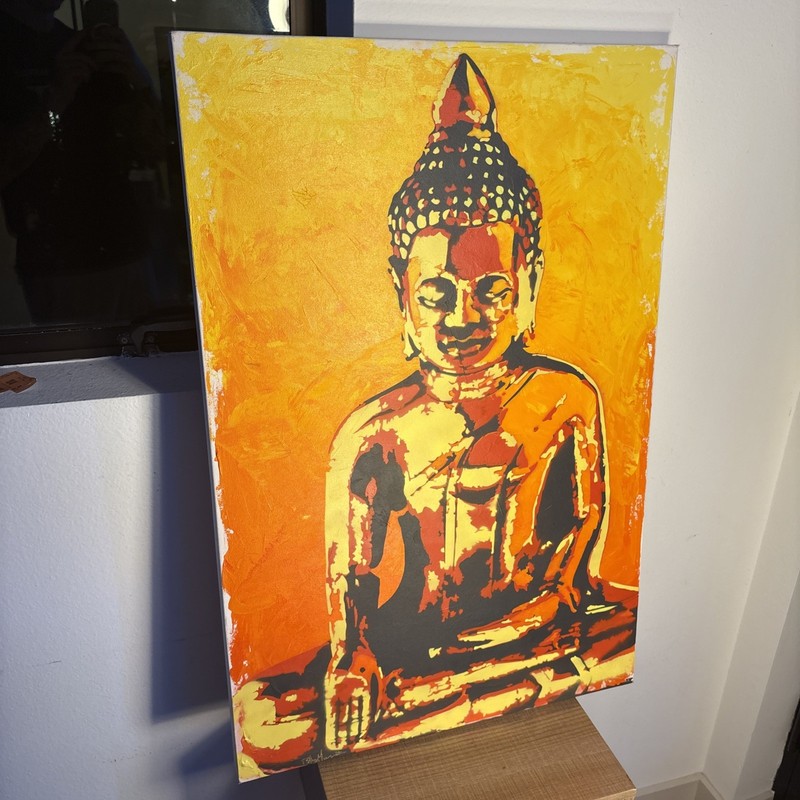 Original Billy Morrison Sunrise Buddha Acrylic Spray Paint Canvas Signed