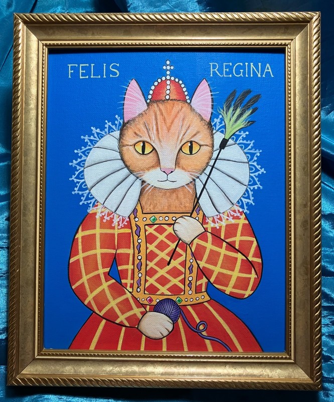 Queen Cat Original Acrylic Painting Elizabethan Style Framed