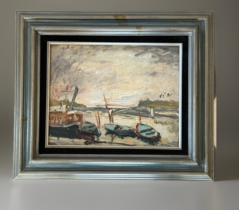 Antique Neo-impressionist Oil Painting, Docked Boats, Early 20th Century