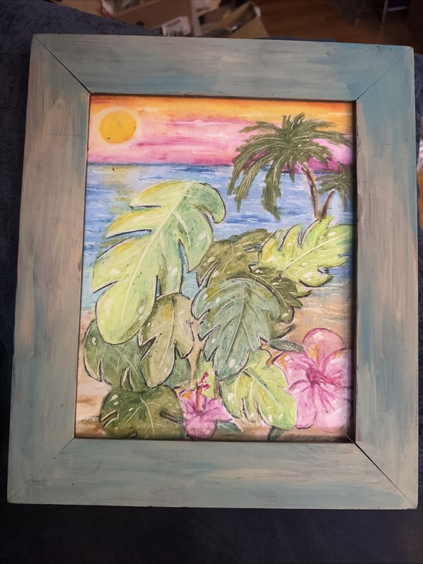 Shortiez Ink Hand Drawn Oil Pastel Framed Beach Decor 11 X 14 Wood Glass gallery