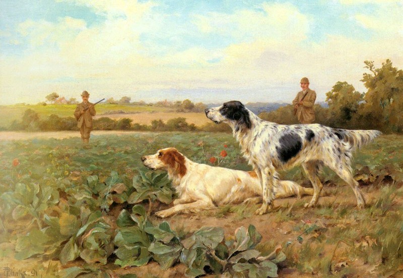 Oil painting landscape nice dog In-The-Field-Shooting-Thomas-Blinks-Oil-Painting