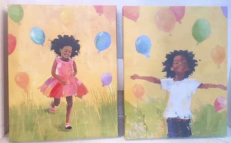 African American Girl With Balloons Canvas Painting Set Of 2