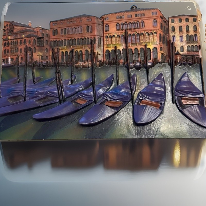 Vintage 3D Resin Relief Wall Plaque Venice Canal Scene With Docked Gondolas