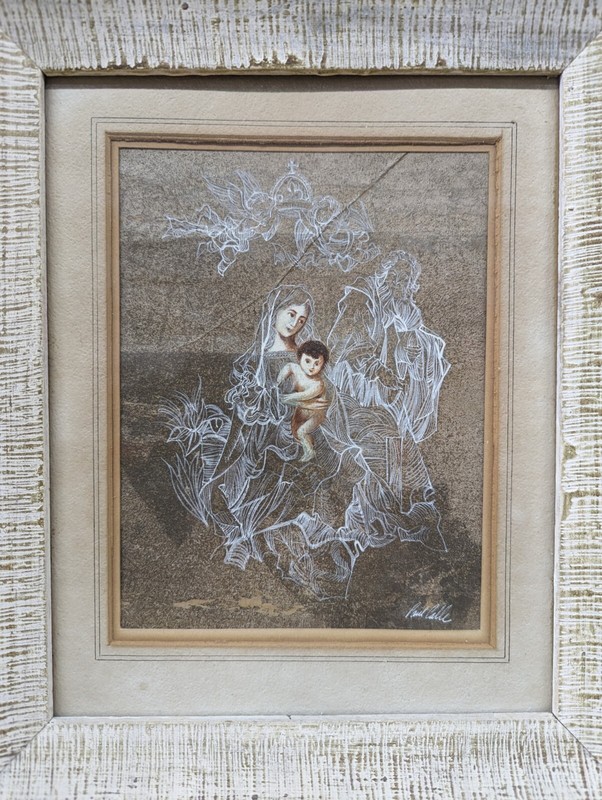Vintage PAUL CALLE 1928-2010 Original Signed Painting religious Madonna & Child