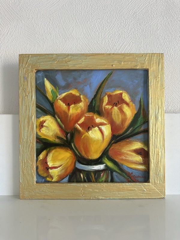 original oil painting Spring Flowers Tulips 20x20cm Wall Yellow Tulip Still Life gallery