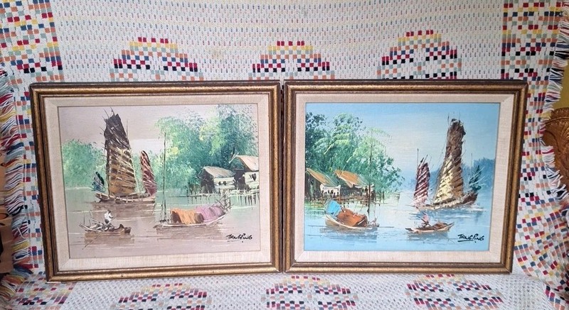 Vtg Expressionist Asian Art Landscape MCM Oil Painting Set of 2 Signed Tang Ping
