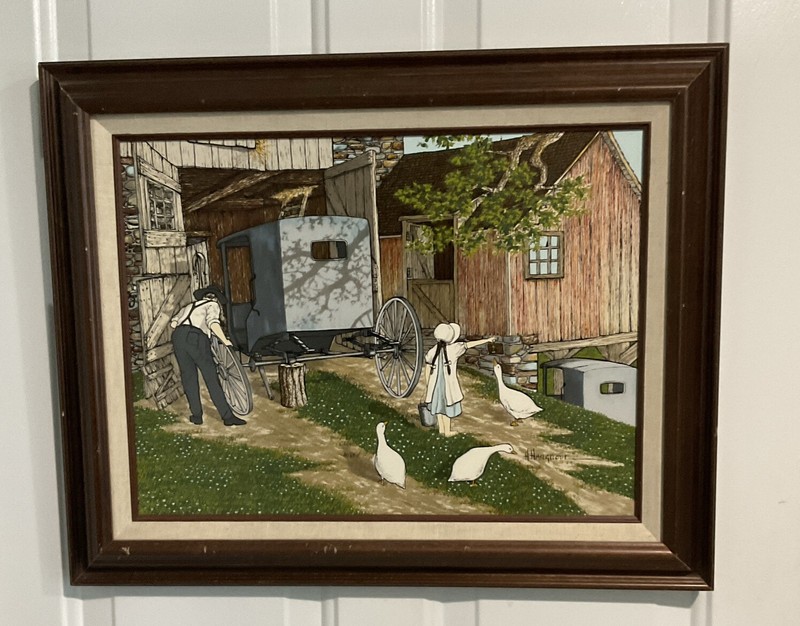 signed H. Hargrove Framed Serigraph Oil Painting Canvas AMISH EMPIRE BUGGY FARM