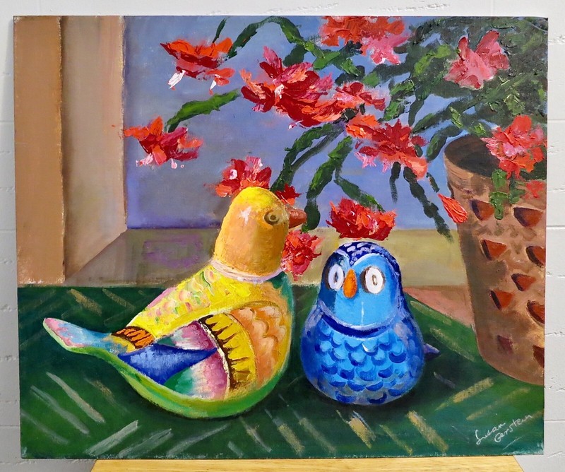 Charming Painting of Ceramic Birds – ca. 1980s – by Susan Gerstein
