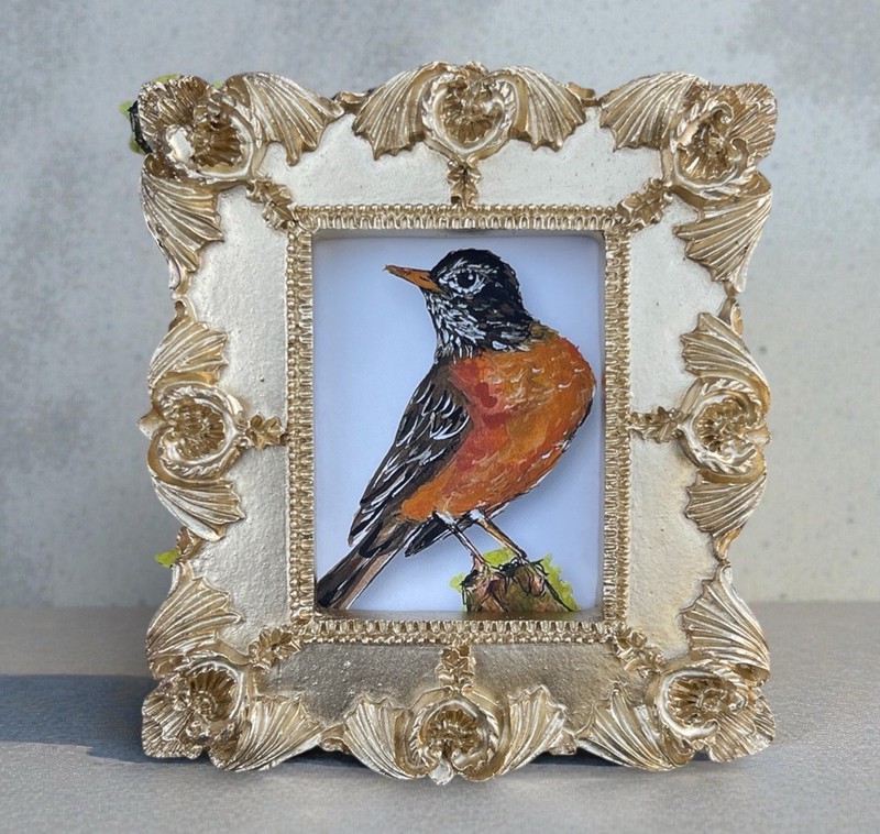 American Robin Bird Mini Framed Art Print • Gold Ornate Frame • Small Wall Decor