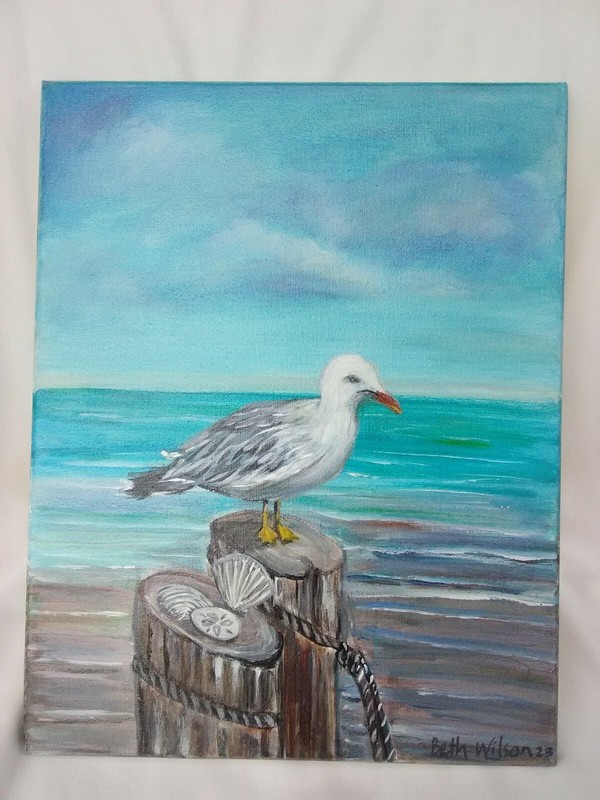 Original Hand Painting Seagull on Wood Stump 11X14 Canvas Art Coastal Artwork gallery