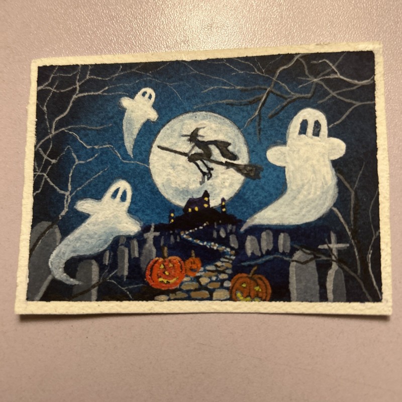 ACEO Art Card Original Ghost Graveyard with Which Flying Passed Moon Halloween