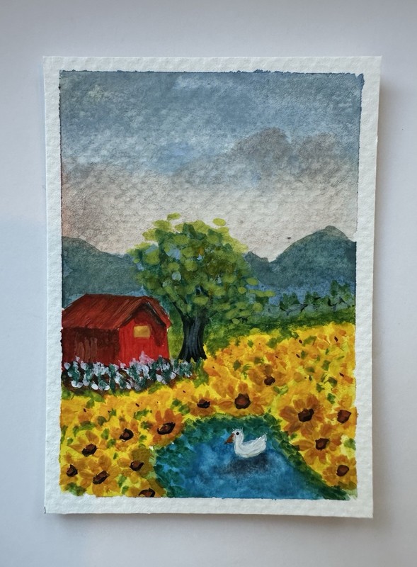 Original Small Watercolor Landscape Barn Mountains Pond Paper Unframed