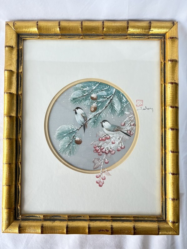J CHENG Signed Watercolor Painting on Silk Chickadees In Pine And Berries Framed