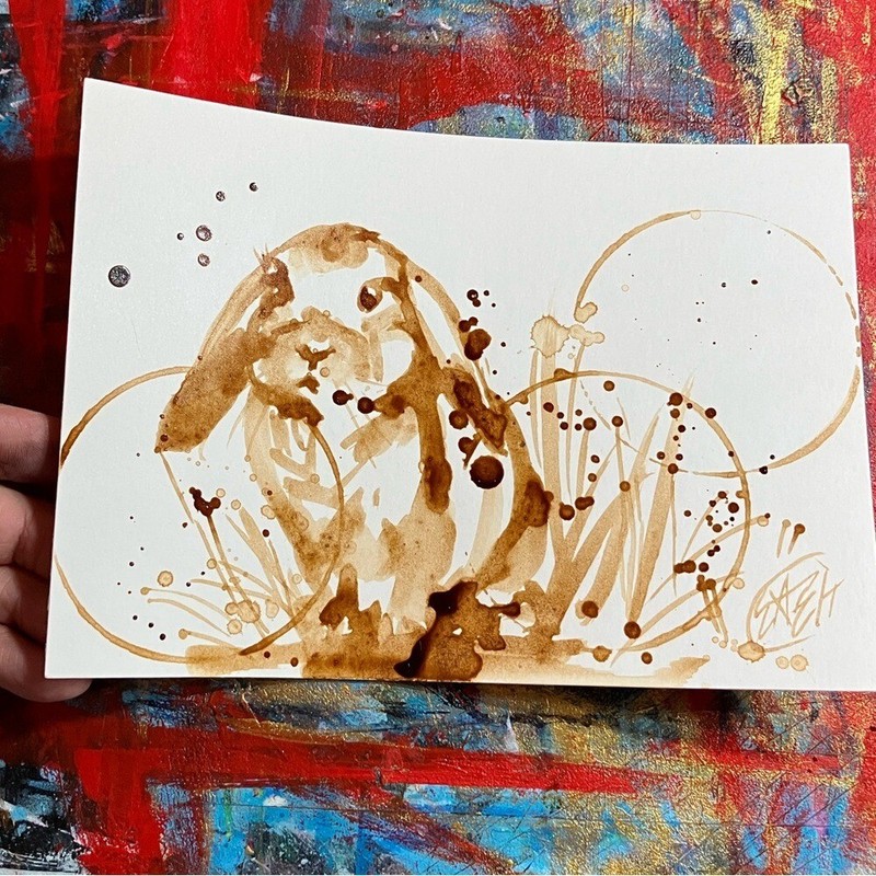 Original Coffee Bunny Rabbit Painting art Animal Nature Kitchen Artwork Pubs USA gallery