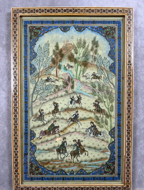 Vintage Persian Miniature Painting Khatam Micro Mosaic Frame Signed 17×11