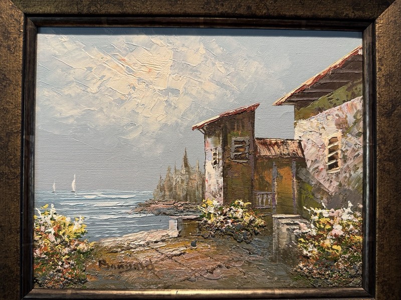 Vintage Bonnard Signed Coastal Seascape Canvas Painting 10.25”x 12.25” Framed gallery
