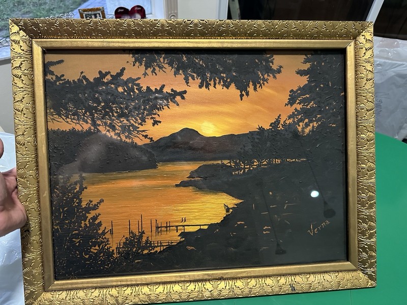 “Hi Dad” Sunset Landscape River Signed By Verna Jean Painting 24×18 Framed