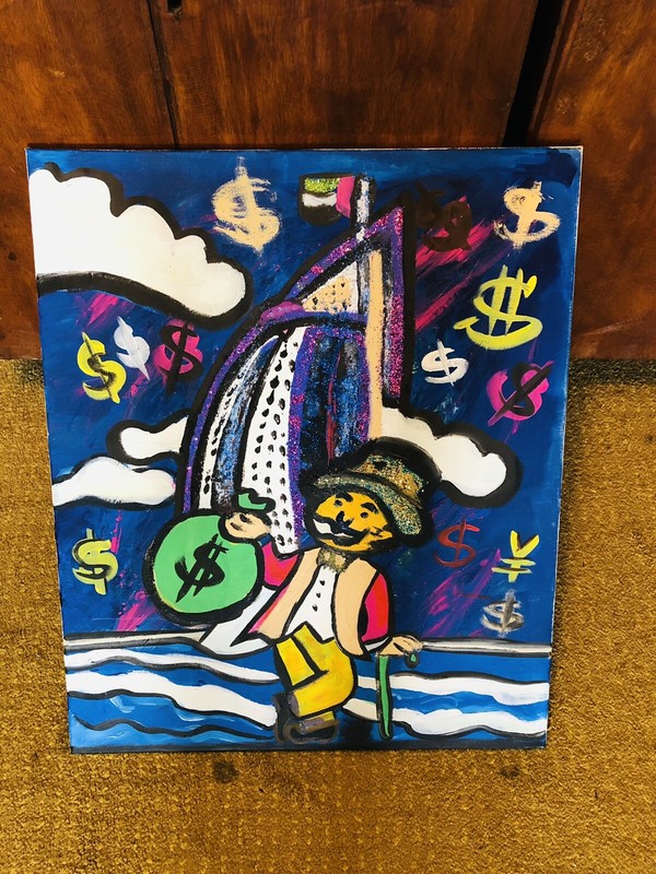 Mr Monopoly orginal Canvas painting “Emirates” alec kaws gallery