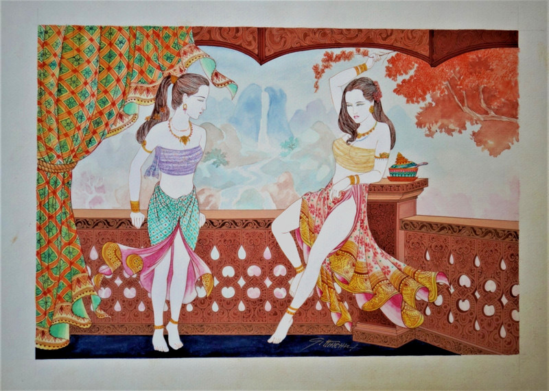 Vintage watercolor of Asian women