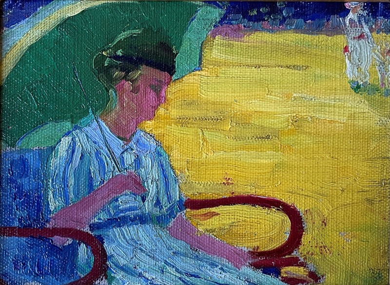 «The Green Parasol» Henry Hannig, American Impressionist, Woman in Beach Scene