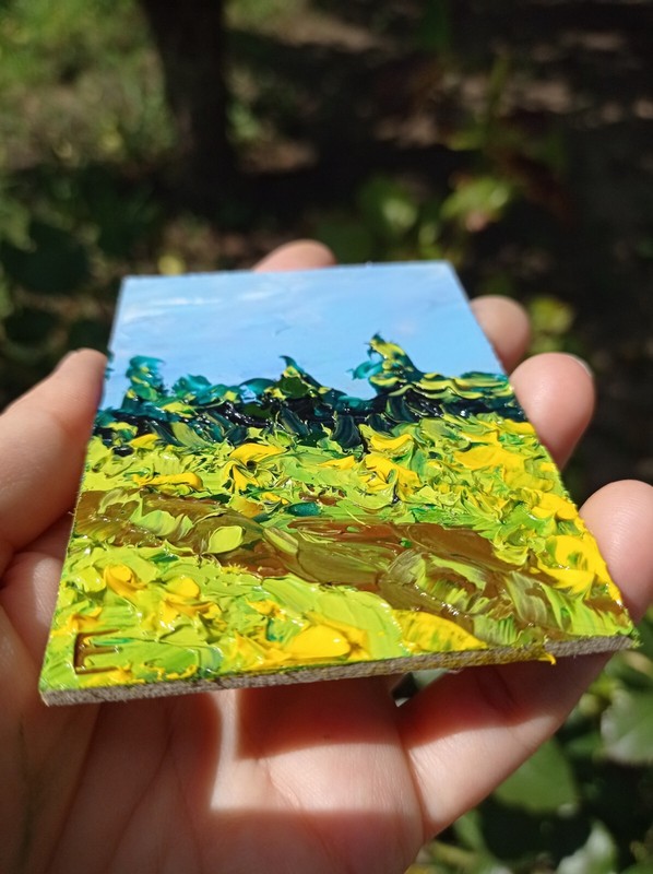 ACEO Original Oil Field Painting Flowers Landscape Sunset Art size 3.5 x 2.5 in gallery