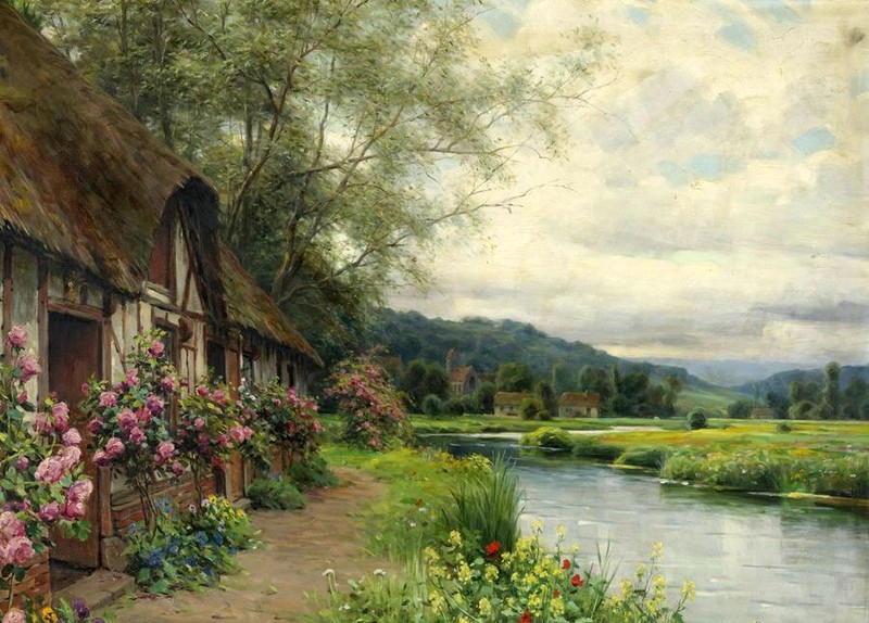 Oil painting Cottage at Beaumont-le-Roger stunning spring landscape hand painted