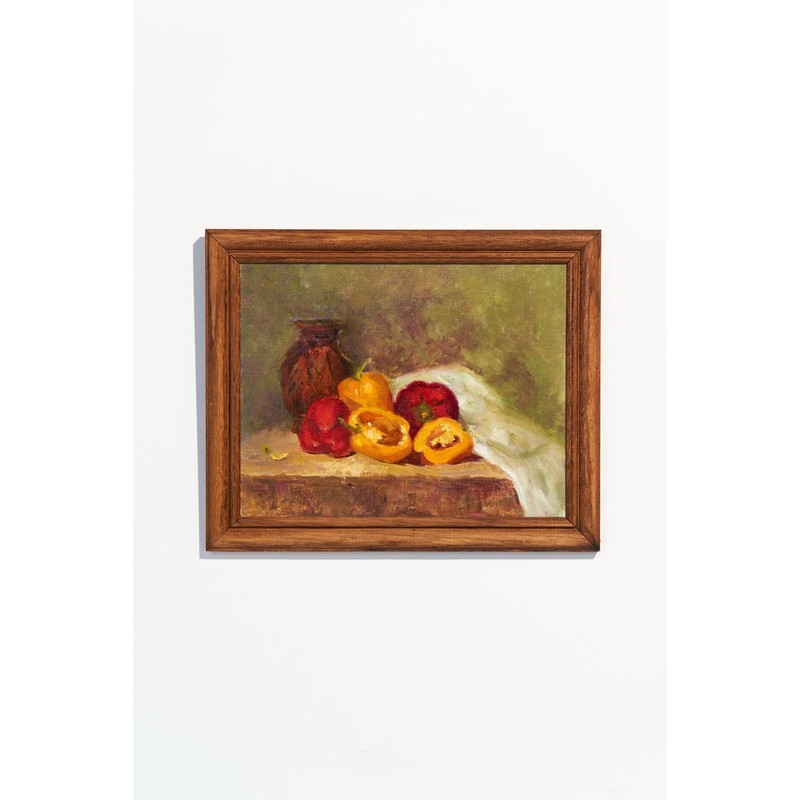 Vintage Original Still Life Painting Bell Peppers & Pottery – Moody Kitchen Art