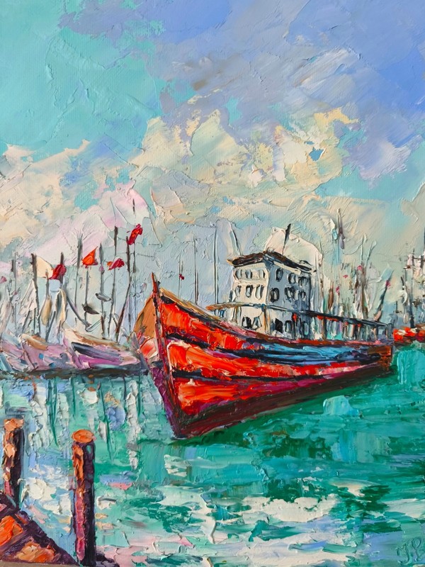 Seascape Oil Painting Sailboat Harbor Impasto Art 25x20cm Canvas Board Signed