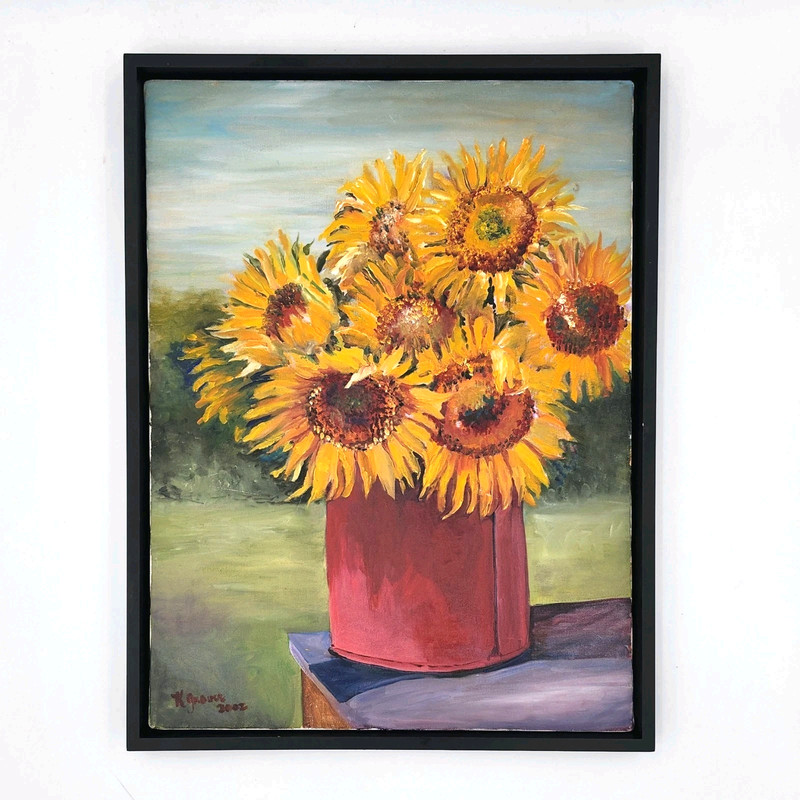 K Gaourer Signed Still Life Sunflowers Red Pale Oil Painting 18×24 Folk Art 2002