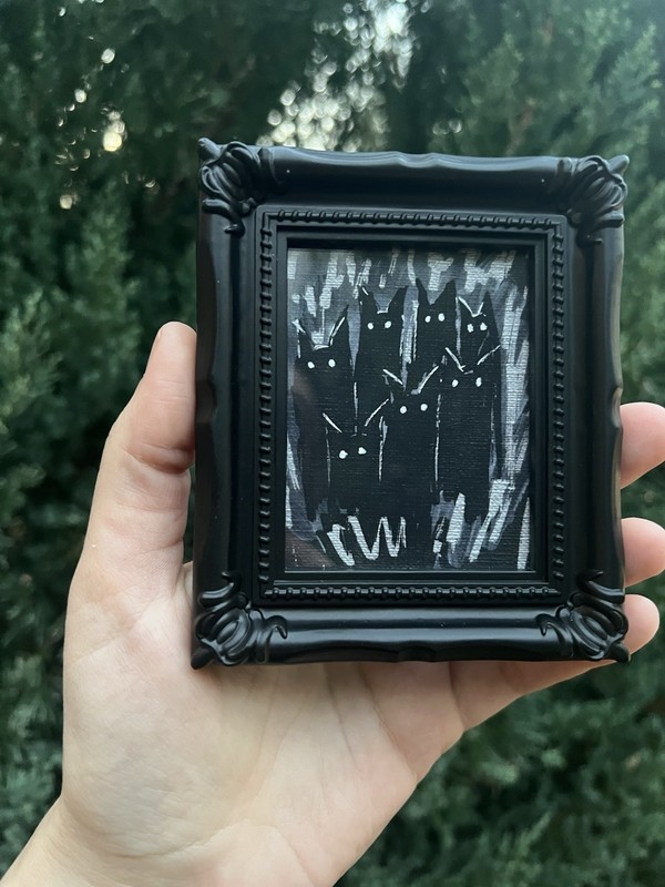 Print Of My Art Creepy Black Cat,Halloween ,miniature Painting,small, framed gallery