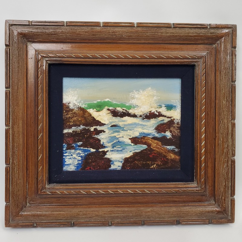 VTG Ruth Melinda Original Oil Seascape Wave Crashing Rocks Framed Impasto Art