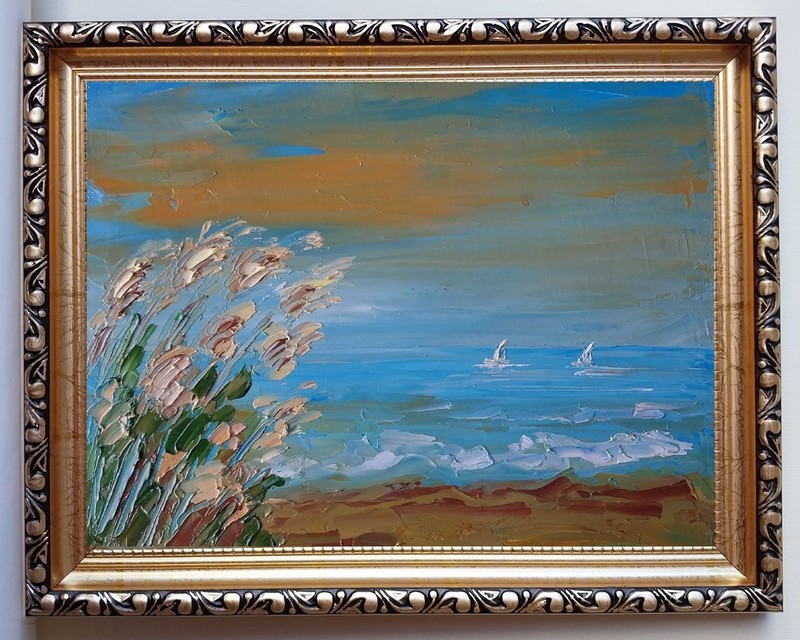 Framed Calm Seascape Sailboats Coastal Reeds Seashore 6×8” Oil Painting Original
