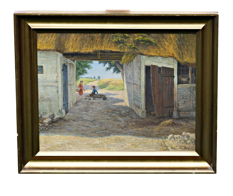 Werner A. Parsberg Farm Courtyard Village Scene Oil Painting Framed