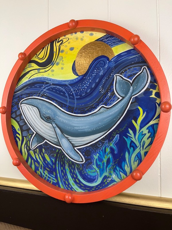 “Whale of a Tale” Framed Original Gouache groovy beachy circle OOAK 15.25”