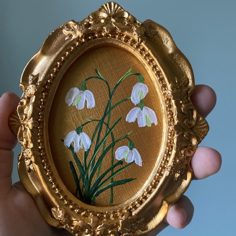 Snowdrops Flowers,Original Painting On Paper,5/4,framed,miniature,small, gallery