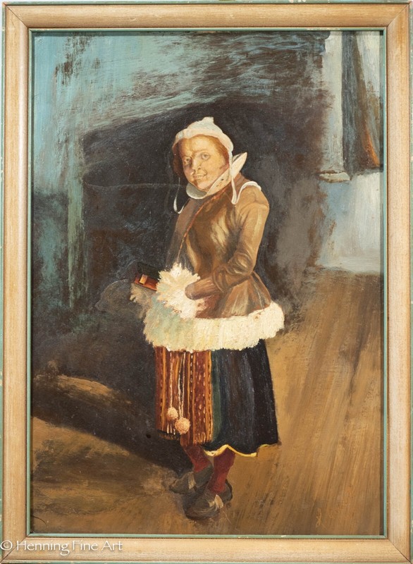 Beautiful Antique Painting of Dutch Girl Portrait after Anders Zorn Signed, 1936