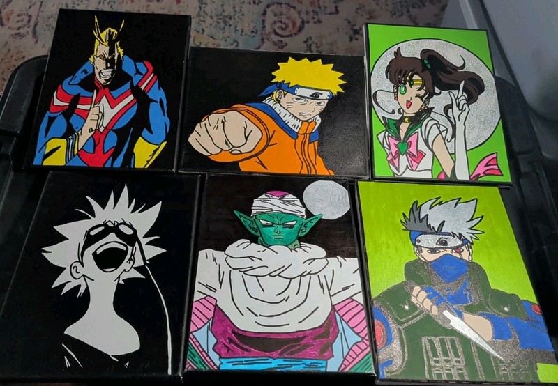 Lot Of 6 -Custom Canvas Art 9″ X 12″ Anime & Manga – Naruto, Piccolo, All Might