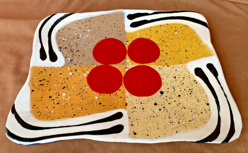 Listed Artist Jack Charney Mid Century Ceramic Tray Geometric Red Dots Ex Cond gallery