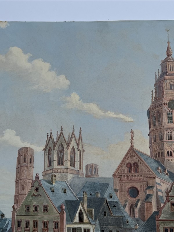 ANTIQUE PAINTING MASTERFUL ARCHITECTURE FAMILY COMMUNITY CITY TOWN WEIGAND RARE gallery