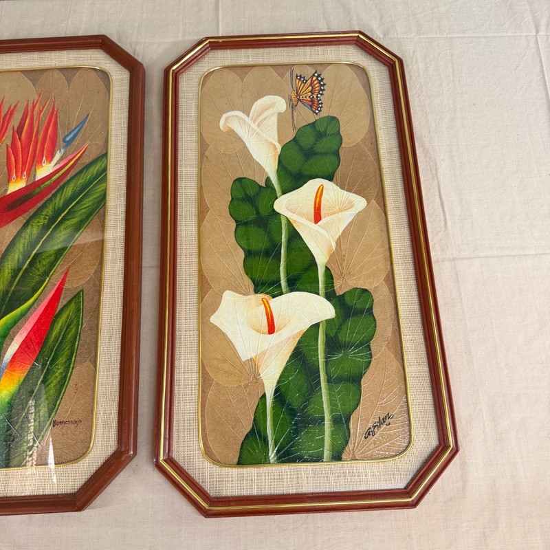Vintage Tropical Skeleton Leaf Art Pair Bird of Paradise Calla Lily Framed Set gallery