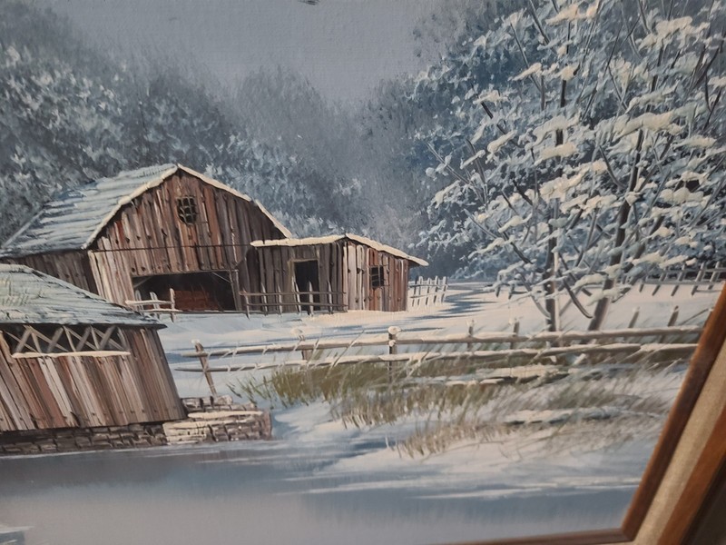 Nice Painting Signed by Artist K. Michaelson Winter Farm Barn with Birds Scene gallery